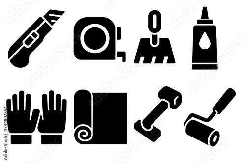 Brutalist Carpet Installation Icons. Carpet Installation Set set of icons silhouette. Utility knife, measuring tape, trowel, adhesive, roller, gloves, carpet, knee kicker