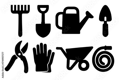 Bold Gardening Icons. Gardening Tools set of icons silhouette. Rake, shovel, watering can, trowel, pruning shears, gloves, wheelbarrow, hose