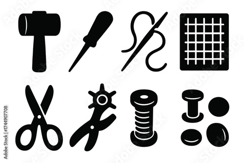 Leatherworking Tools Icons. Leatherworking Tools set of icons silhouette. Mallet, awl, needle, thread, cutting mat, scissors, hole punch, rivets