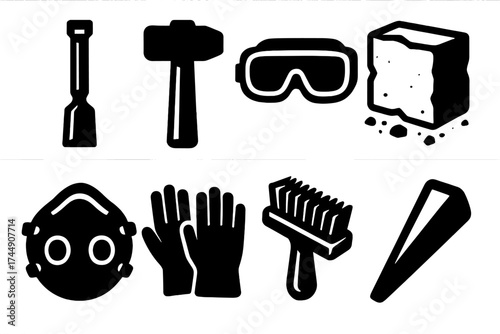 Brutalist Stone Tools Icons. Stone Carving Set set of icons silhouette. Chisel, hammer, safety goggles, stone block, dust mask, gloves, brush, wedge