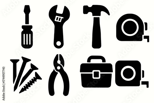 Brutalist Tool Icons. Household Fix Kit set of icons silhouette. Screwdriver, adjustable wrench, hammer, tape measure, nails, screws, pliers, toolbox