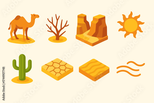 Isometric Desert Elements. Desert Heat set icons in flat vector style camel in sand, dry shrub, desert canyon, blazing sun disc, cactus with arms, cracked desert floor, sand ripple