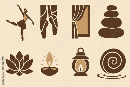 Geometric Ballet Icons. Poised Fondu set of icons in geometric flat vector style ballet figure in fondu silhouette, slippers, curtain drape, smooth stone stack, lotus blossom