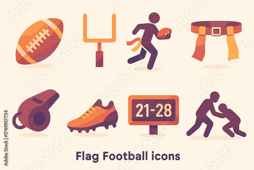 Flag Football Icons. Flag Football set of icons in gradient flat football ball, goal posts, player running with flag, belt with flags, whistle, sneakers, scoreboard, tackling