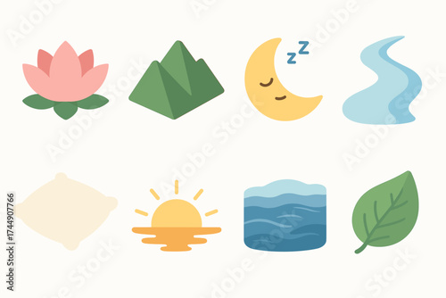 Tranquil Icon Set. Peaceful set icons in flat vector style lotus flower, mountain silhouette, sleeping moon, flowing river, soft pillow, sunrise horizon, calm seashell, relaxed