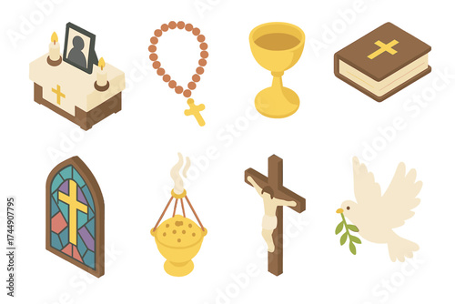All Souls’ Day Icons. Religious All Souls’ Day set icons in flat vector style. Church altar, rosary beads, chalice, holy book, stained glass window, censer incense, crucifix, dove