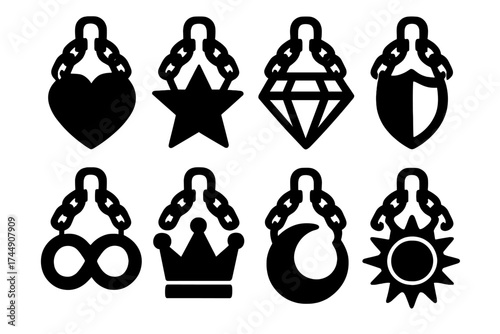 Symbolic Chain Locks Icons. Symbolic Chain Locks set of icons silhouette. Heart-shaped chain lock, star chain lock, crystal chain lock, shield chain lock, infinity chain lock