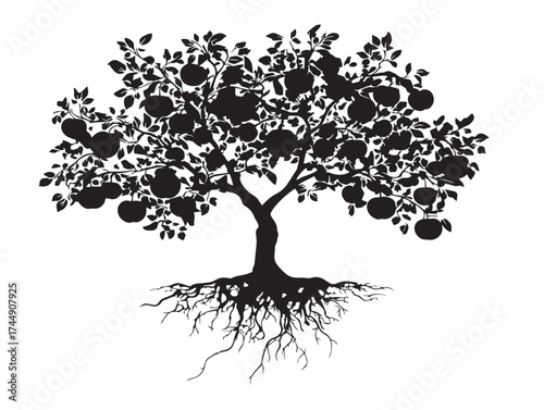 Bountiful Fruit Tree With Roots Solid Black And White Art