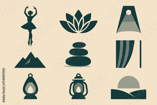 Geometric Elegance Icons. Elegant Balance set of icons in geometric flat vector style ballerina in sous sus silhouette, lotus bloom, spotlight glow, mountain outline, smooth pebble