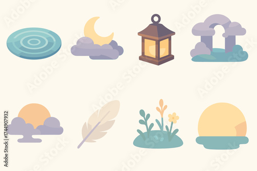 Serene Fantasy Icons. Serene Fantasy set icons in flat vector style calm pond with ripple, moon over clouds, lantern glow, floating cloud arch, sunrise haze, soft feather, dreamy