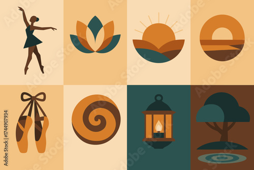 Geometric Ballet Icons. Ballet Degage set of icons in geometric flat vector style ballet dancer silhouette, lotus blossom, sunrise glow, pointe shoes, flowing spiral, glowing