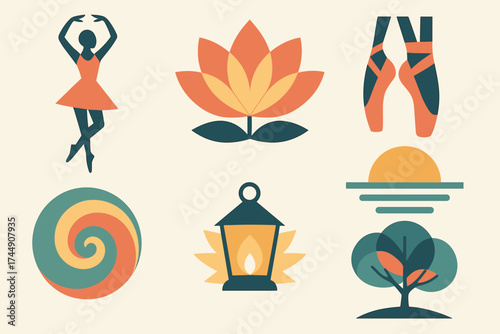 Geometric Ballet Icons. Ballet Arms set of icons in geometric flat vector style ballet dancer silhouette, lotus blossom, sunrise glow, pointe shoes, flowing spiral, glowing lantern