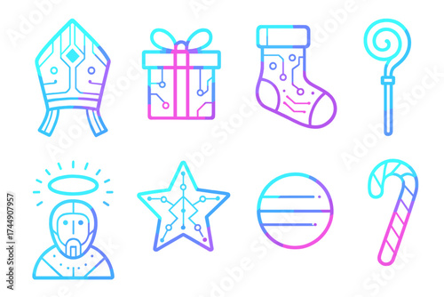 Futuristic St. Nicholas Icons. Futuristic St. Nicholas Day set of icons in geometric flat vector. Holographic mitre, neon glowing gift box, cyber stocking, digital crozier staff
