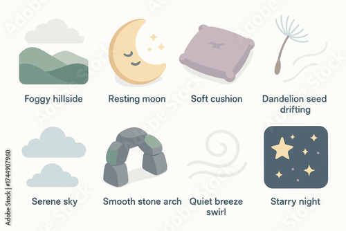 Serene Nightscape Icons. Gentle Calm set icons in flat vector style foggy hillside, resting moon, soft cushion, dandelion seed drifting, serene sky, smooth stone arch, quiet breeze