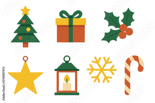 Christmas Icon Set. Classic Christmas Day set of icons in geometric flat vector. Decorated Christmas tree, wrapped gift box, sleigh bell, holly leaves, snowflake, star ornament