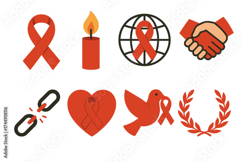 World AIDS Day Icons. Classic World AIDS Day set of icons in geometric flat vector. Red ribbon, candle flame, globe with ribbon, clasped hands, broken chain, heart with ribbon
