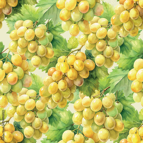 Vivid Yellow Purple Grapes Watercolor Vector Pattern