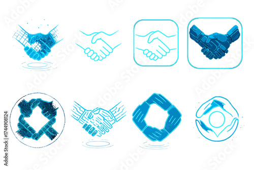 Futuristic Hands Icons. Futuristic Linked Hands set icons in flat vector style. Holographic linked hands, neon glowing hands, AI-generated unity hands, cybernetic clasped hands