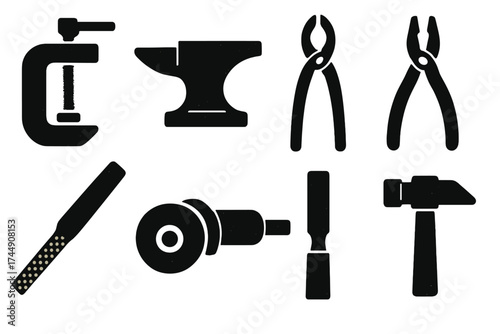 Brutalist Metalworking Icons. Metalworking Set set of icons silhouette. Clamp, anvil, tongs, pliers, file, grinder, chisel, hammer