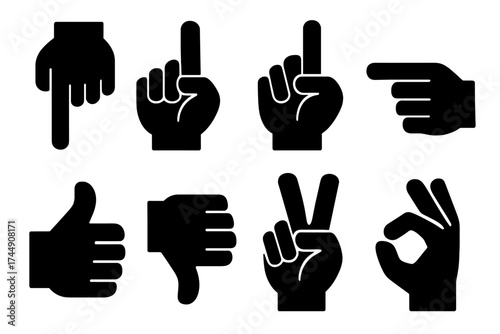 Bold Hand Gesture Icons. Hand Gestures set of icons silhouette. Pointing down, pointing up, pointing left, pointing right, thumbs up, thumbs down, peace sign, OK gesture