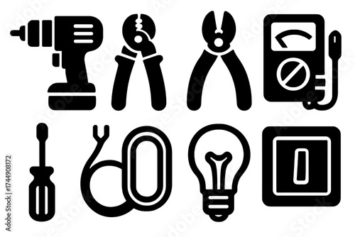 Bold Electrical Tools. Electrical Work Tools set of icons silhouette. Drill, wire stripper, pliers, multimeter, screwdriver, cable, light bulb, switch
