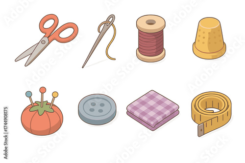Isometric Sewing Kit Icons. Sewing Kit set icons in flat vector style. Scissors, needle, thread, thimble, pin cushion, button, fabric, measuring tape