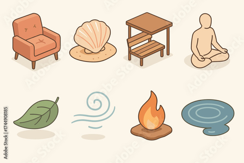 Isometric Relaxation Icons. Relax set icons in flat vector style cushioned chair, seashell on sand, shaded bench, meditating figure, floating leaf, soft breeze swirl, warm ember