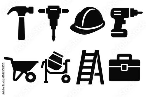 Bold Construction Icons. Construction Equipment set of icons silhouette. Hammer, jackhammer, hard hat, drill, wheelbarrow, cement mixer, ladder, toolbox