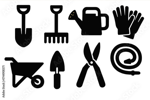 Bold Gardening Icons. Gardening Tools set of icons silhouette. Shovel, rake, watering can, gloves, wheelbarrow, trowel, pruning shears, hose