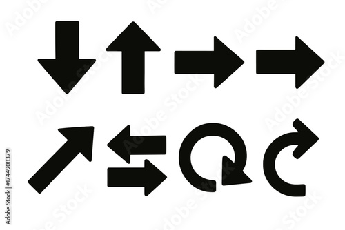 Brutalist Vector Arrows. Direction Arrows set of icons silhouette. Arrow down, arrow up, arrow left, arrow right, diagonal arrow, double arrow, circular arrow, curved arrow
