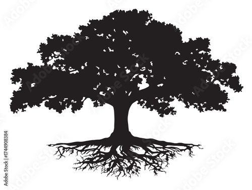 Giant Oak With Massive Roots And Sprawling Branches Silhouette