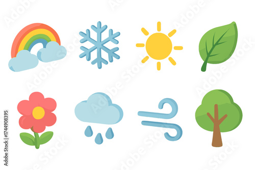 Seasonal Icon Set. Seasons Set set icons in flat vector style. Rainbow, snowflake, sun, leaf, flower, rain, wind, tree