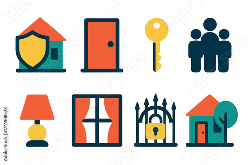 Modern Home Security. Safe home in modern flat. House with shield, front door, key, family silhouette, warm lamp, window with curtains, locked gate, tree by house.