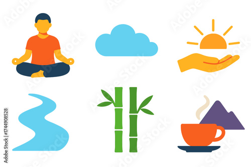 Serene Meditation Icons. Inner peace in modern flat. Person meditating, soft cloud, open hand, sunrise, flowing river, bamboo stalk, tea cup, mountain silhouette.