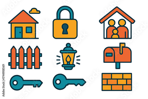 Modern Secure Home Icons. Safe home in modern flat. Cottage, lock and key, family under roof, guarded fence, glowing lantern, cloudless sky, secure mailbox, protective wall.
