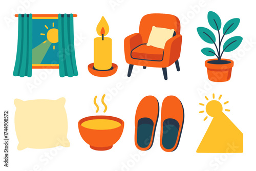 Cozy Minimalistic Haven. Peaceful day in modern flat. Window with curtains, candle, cozy chair, potted plant, soft pillow, warm soup bowl, slippers, sunbeam.
