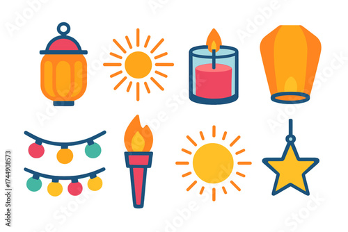 Vibrant Festival Icons. Festival lights in modern flat. Decorative lamp, spark burst, candle in glass, sky lantern, glowing garland, festive torch, radiant circle, hanging star.