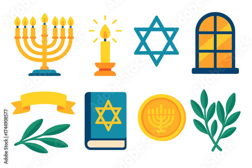 Vibrant Hanukkiah Icons. Hanukkiah glow in modern flat. Lit hanukkiah, glowing candle, Star of David, window silhouette, festive ribbon, prayer book, golden coin, olive leaves.