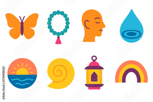 Serene Symbols Collection. Inner peace in modern flat. Butterfly, prayer beads, calm face profile, droplet of water, sunrise over ocean, spiral shell, lantern, rainbow arc.