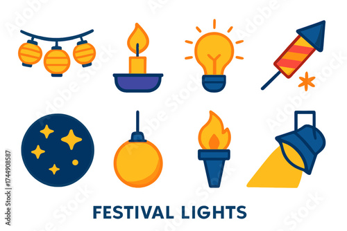 Festive Light Icons. Festival lights in modern flat. Lantern chain, candle holder, glowing bulb, firecracker, starlit sky, hanging globe light, torch flame, spotlight.