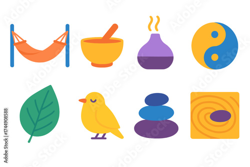 Serenity Icons Collection. Inner peace in modern flat. Hammock, singing bowl, aromatherapy diffuser, yin yang, garden leaf, peaceful bird, smooth pebble, sand zen garden.