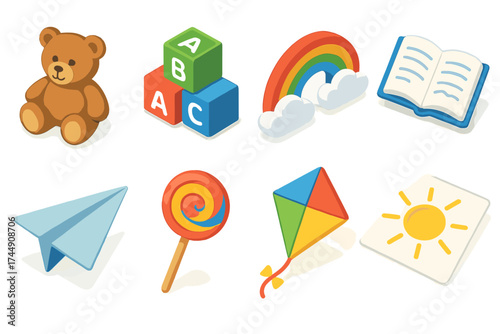 Children's Day Icons. Classic Universal Children’s Day set icons in flat vector style. Teddy bear, toy blocks, rainbow, open book, paper plane, lollipop, kite, child’s drawing sun