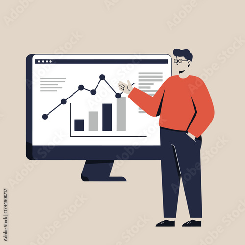 Flat Illustration of a Man Presenting Business Data on a Monitor Screen