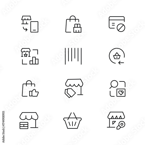 Online shopping line icon design set