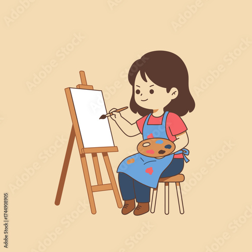 Cute Cartoon Style Painter Girl Drawing on Canvas Illustration