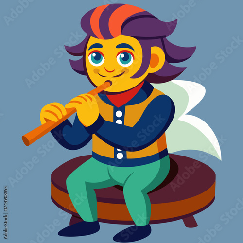 Cartoon boy playing a flute while seated on a stool