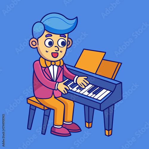 Cartoon boy playing a piano with a joyous expression