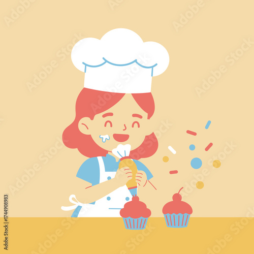 Cheerful Flat Illustration of a Little Girl Decorating Cupcakes with Sprinkles