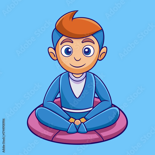 Cartoon boy sitting in lotus pose practicing meditation