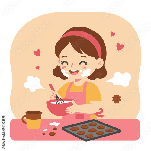 Cute Cartoon Style Girl Baking Cookies Illustration For Children Book